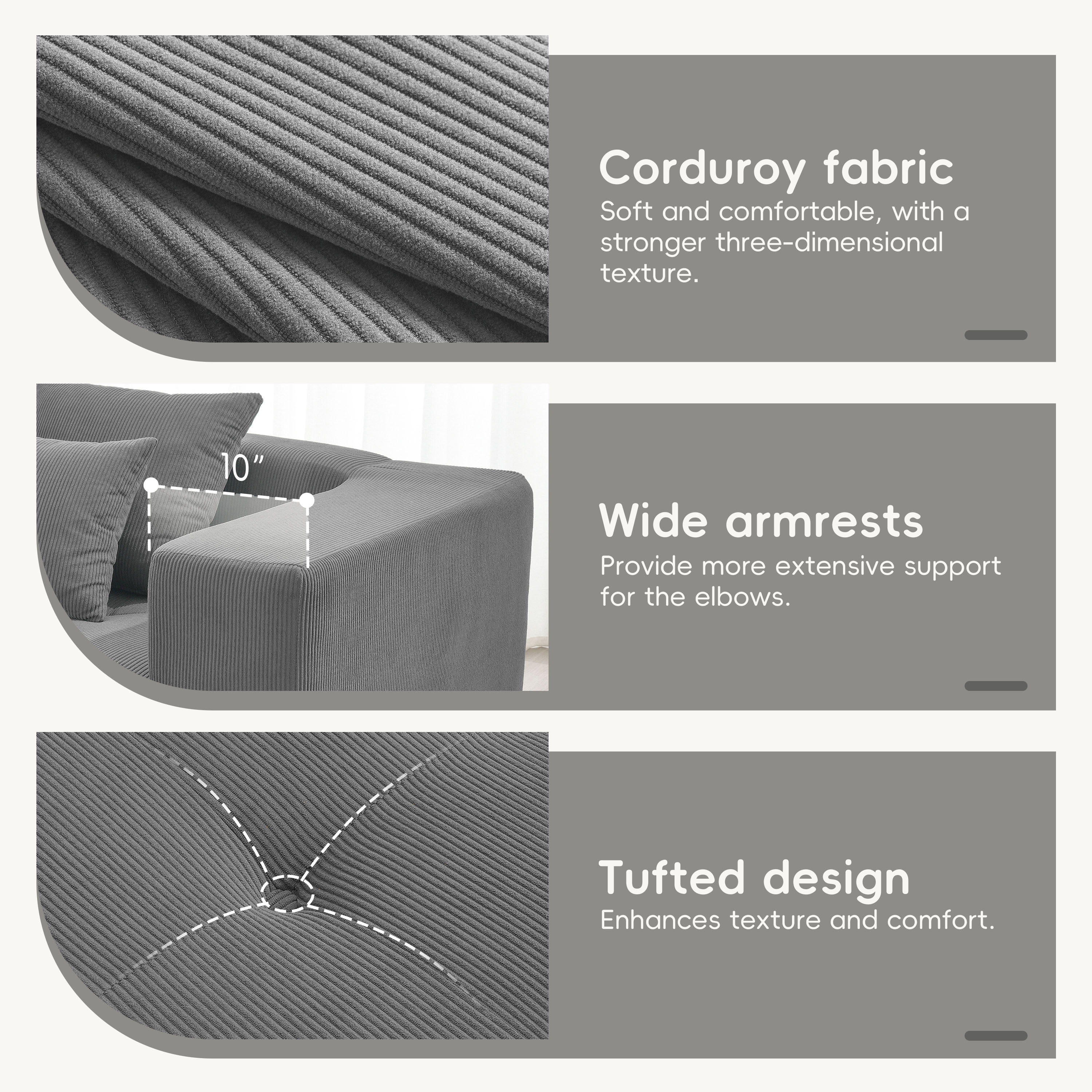 MAYEERTY 105.5" L-Shaped Modular Sectional Sofa - Minimalist Corduroy Compressed Couch, 3PC Free Combination No Assembly for Living Room, 3 Colors
