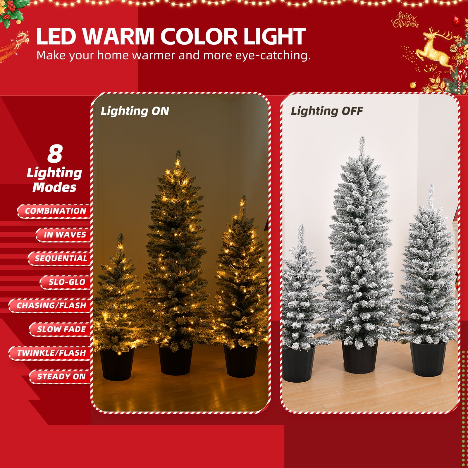 Astoutdoor Set of 3 Pre-lit Snow Flocked Artificial Christmas Trees with Pot Stands, 3/4/5 ft, Warm White LED Lights, Battery Operated, Snowy Green
