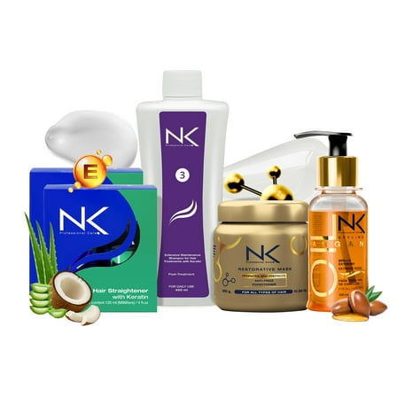 NK Professional Care. Complete Hair Straightening Treatment, Kit Steps 1,2,3,4,5. Hair Surgery with keratin, post-treatment, home care shampoo, Hair Mask and Styling Argan Oil. (8oz)