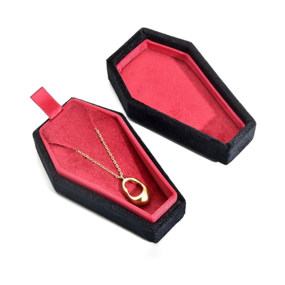 TAIMY Gothic Coffin Necklace Box, Small Velvet Casket Jewelry Organizer for Pendants, Spooky Halloween Gift for Women(Black and red)