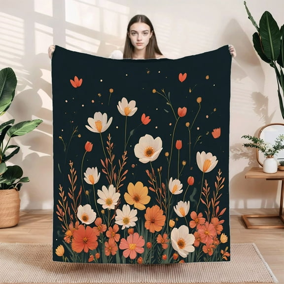 Durable Soft & Warm Flannel Blanket - Cozy Floral Design with White Orange & Pink Flowers on Dark Background Perfect for Sofa & Travel