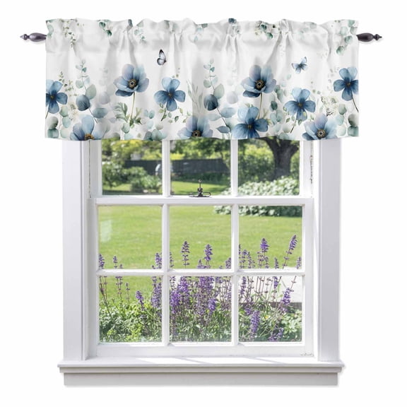Navy Blue Floral Kitchen Curtain Valances for Windows Farmhouse Short Curtains, Watercolor Eucalyptus Leaves Butterfly Rod Pocket Valance Curtain for Bedroom Cafe Living Room 42"x18"