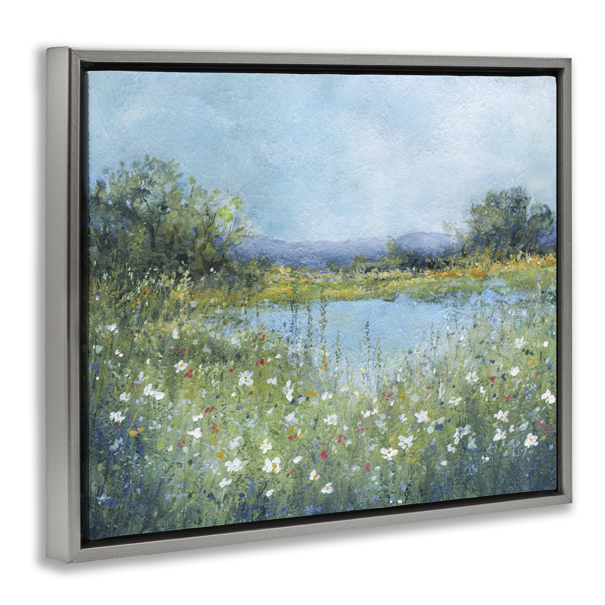 Stupell Industries Impressionist Meadow Surrounding Pond Gray Framed Floater Canvas Wall Art, design by Carol Robinson
