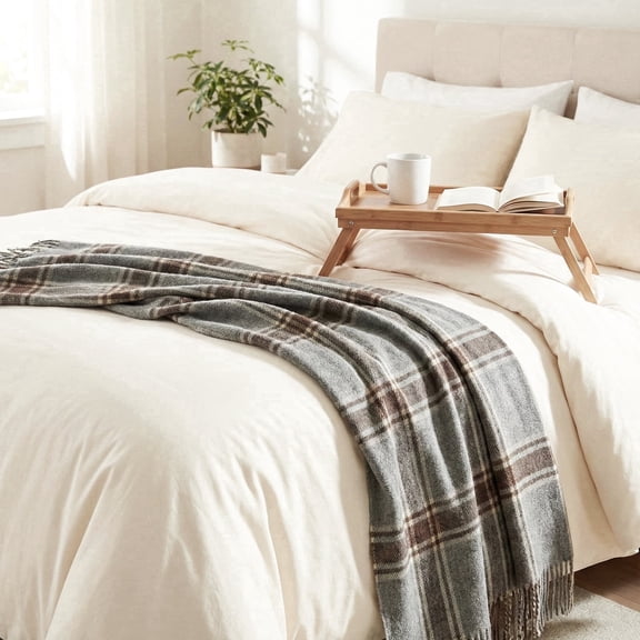 Premium 100% Cotton Duvet Cover Set, Soft Breathable Bedding with Zipper Closure (3 Pieces), Cream White, Queen