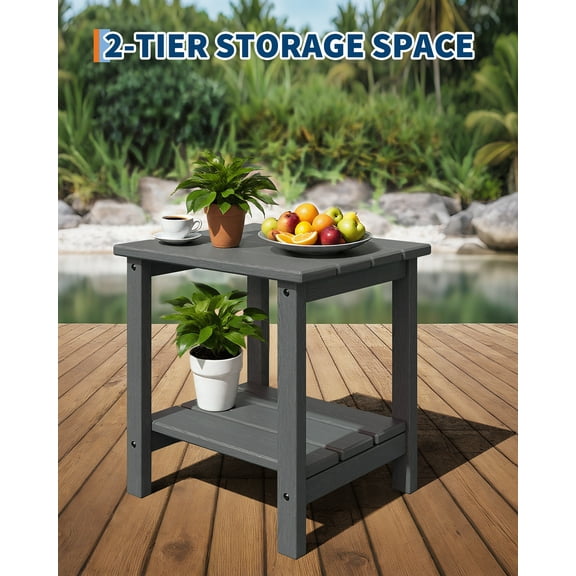 Outdoor Side Table 2-Tier, 18" HDPE All Weather Resistant Patio Side Tables for Outside, End Table for Patio Pool Deck Indoor Backyard