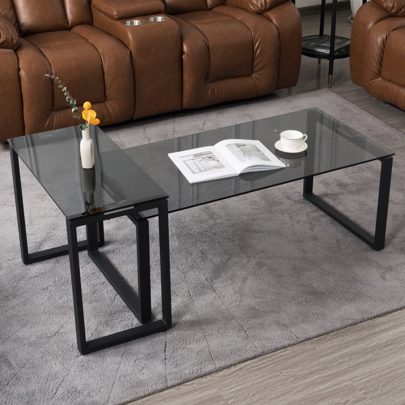 Resenkos Glass Living Room Center Coffee Table, 2 Piece Set Nesting Table for Home Office