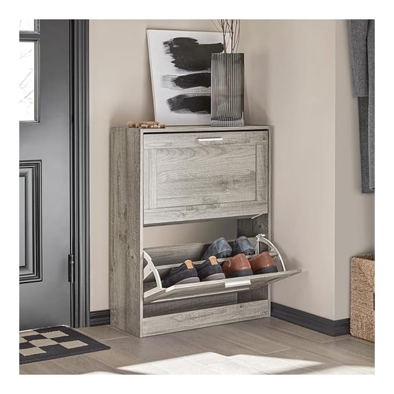 Enclosed Shoe Rack for Entryway, Narrow Shoe Cabinet with 2 Drawers, Slim Shoe Storage Organizer for Hallway or Small Spaces, Grey, FSR137-HG