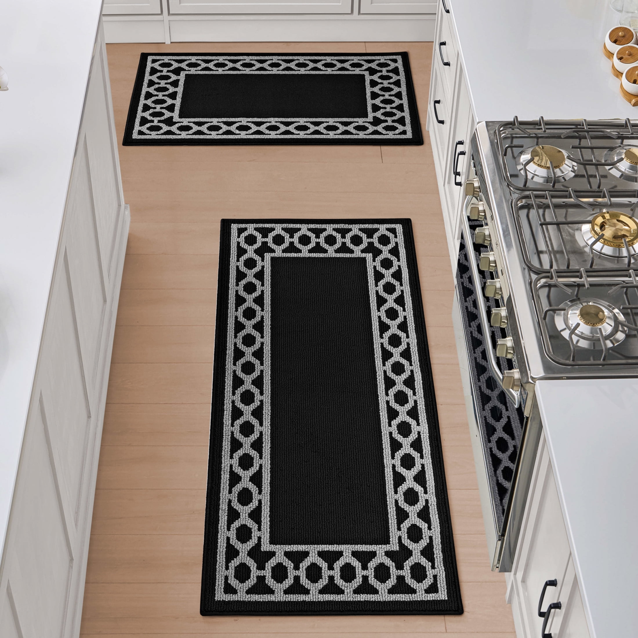 Washable Skid-Resistant Runner Rug, Trellis Border , Black and Twisted Grey , 26" x 45"/26" x 60"