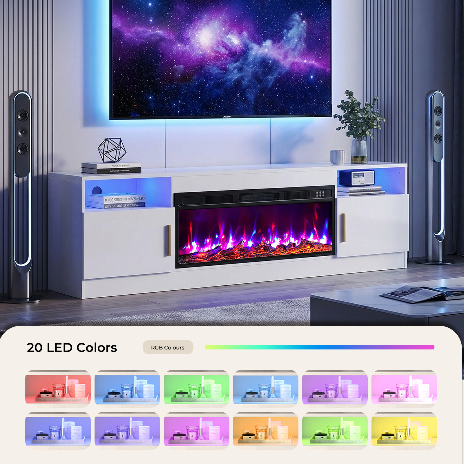 Flictozena 70" TV Stand with 36-Inch Electric Fireplace, Adjustable LED Lights & Storage | Fits TVs Up to 80 Inches | Modern Entertainment Center with Glossy White Doors
