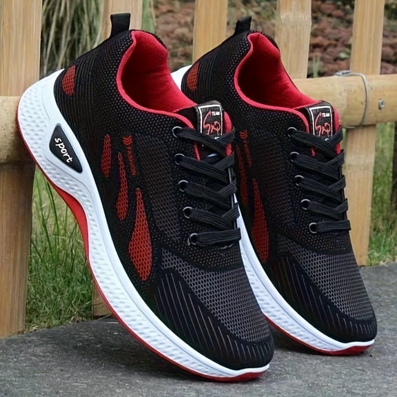 A Pair of Men's Casual Lace-up Sneakers - Suitable for All Seasons, Color-block Design in Black and Red, Low-top Running Shoes | Casual Slip-ons | Non-slip Sole Shoes
