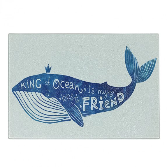 Whale Cutting Board, Kind of Ocean is My Best Friend Words with Whale Fish Paintbrush Picture, Decorative Tempered Glass Cutting and Serving Board, Small Size, Violet Blue White, by Ambesonne