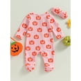 thumbnail image 4 of Wassery Baby Girls Halloween Outfits 3M 6M 9M 12M Infant Girls Pumpkin Print Bodysuit One Piece Playsuit Newborn Girls Long Sleeves Zipper Footed Romper Headband, 4 of 9