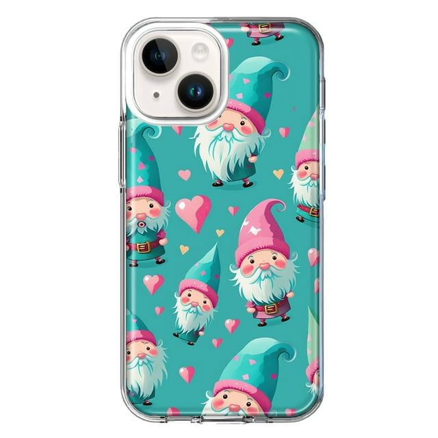 MUNDAZE Étui pour Apple iPhone 15 Plus Hybride Antichoc Mince Étui Rigide Souple TPU Protection Robuste - Gnomes Cœurs Turquoise Rose