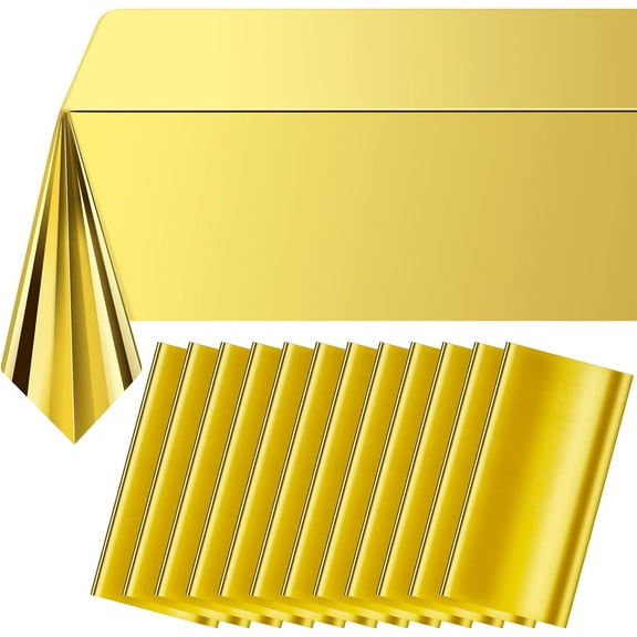 12Pack Gold Foil Plastic Tablecloth,Rectangular Shiny Table Cloth Metallic Disposable Party Table Cover for Graduation Wedding Birthday Baby Shower Anniversary New Year Party Decorations,54x108 inch