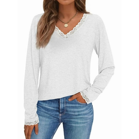 V Neck T Shirts for Women Lace Long Sleeve Tops Loose Fit Dressy Casual Blouses Fall Winter Basic Trendy White L