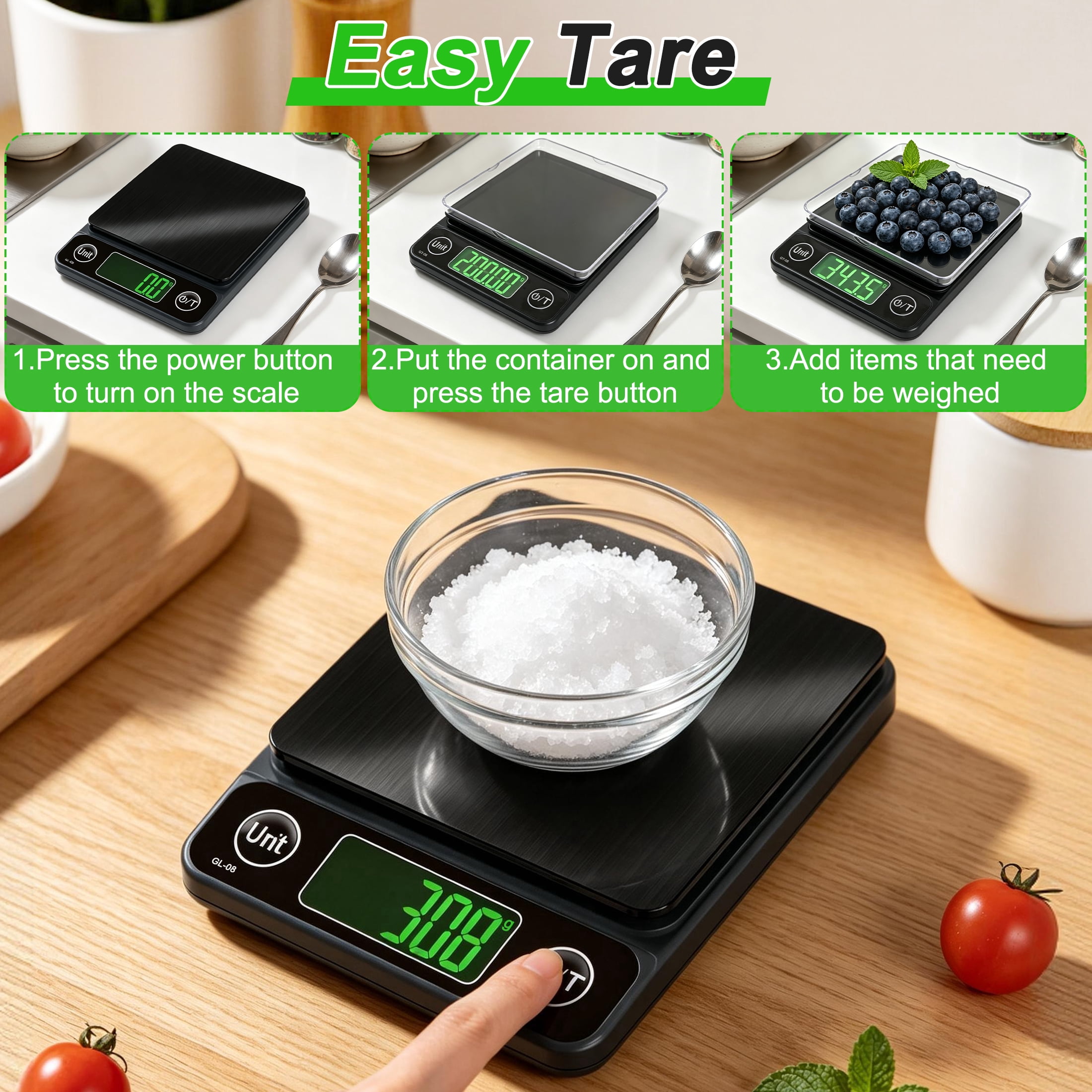 GARITIN 0.1g High Precision Digital Food Scale, Stainless Steel Kitchen Scale with LCD Display, Tare Function 7 Units Conversion for Baking Diet Pet Food
