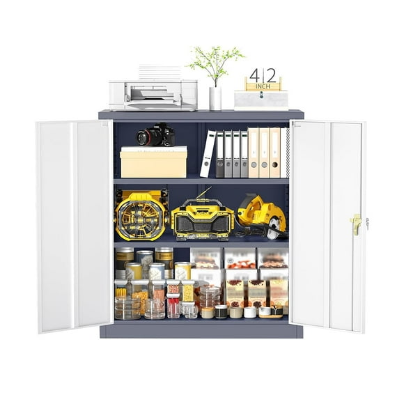 Metal Storage Cabinet, 42" Locking Steel Office Cabinet with 2 Doors, Tool Garage Cabinet with 2 Adjustable Shelves, Lockable File Cabinets for Home, Office, Classroom, Kitchen(White & Gray)