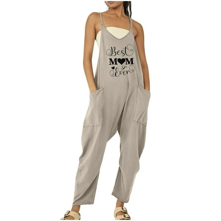 

Jsezml Jumpsuits for Women Casual Best Mom Ever Letter Print Overalls Loose Sleeveless Pockets Rompers for Mother s Day