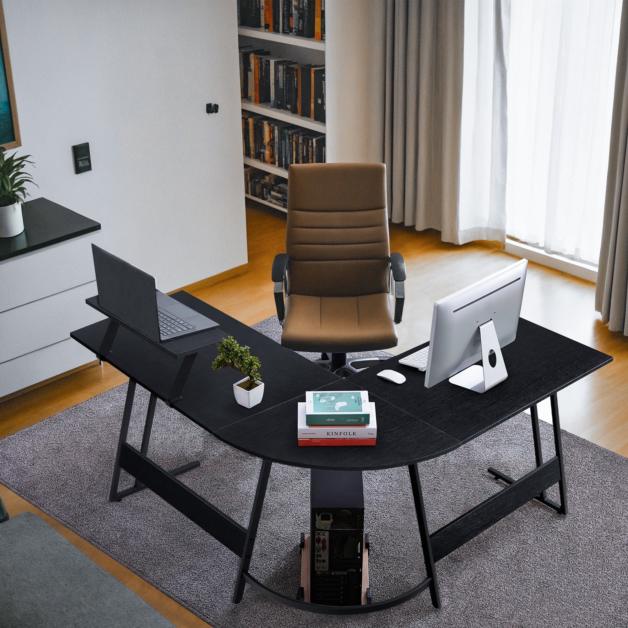 Vineego L-Shaped Computer Desk Modern Corner Desk Home Office Writing Sturdy Workstation with Movable Table, Black