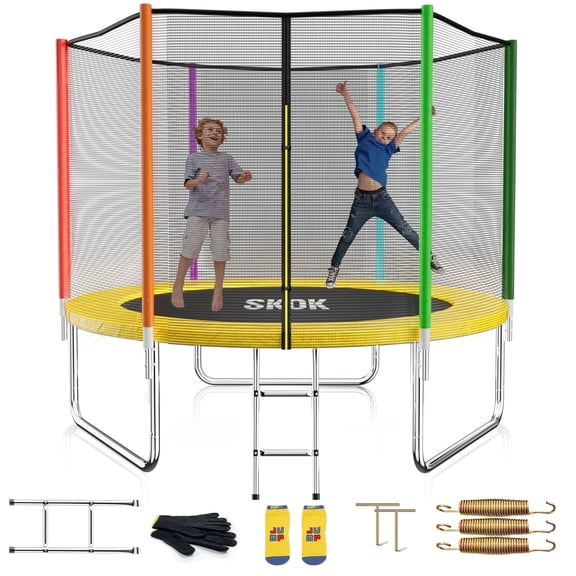 SKOK 8FT Backyard Trampoline with Enclosure Net & Ladder, Upright-Poled Outdoor Colorful Trampoline, 400LBS Capacity Waterproof Durable Trampoline for Kids & Adults Family Birthday Gift