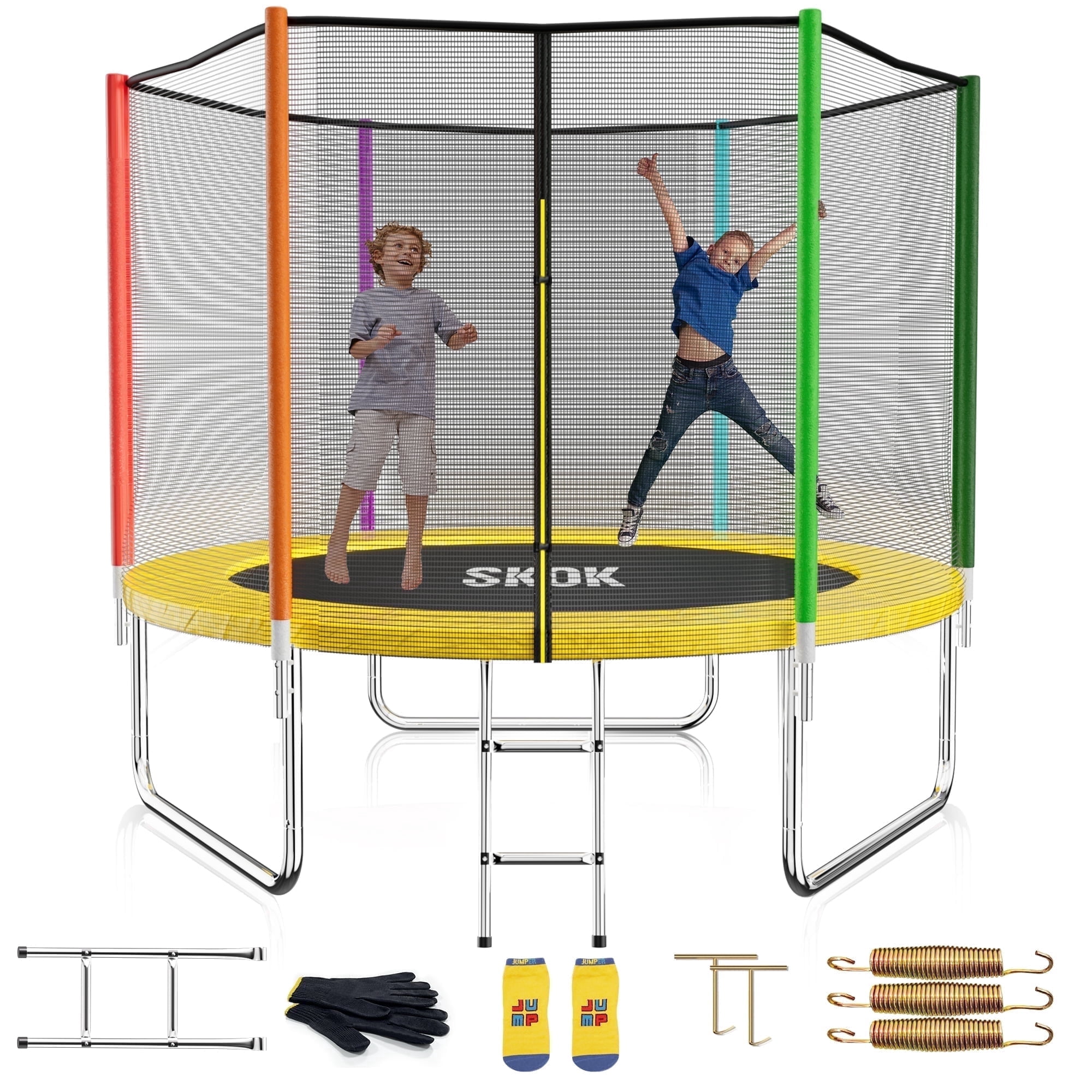 SKOK 8FT Backyard Trampoline with Enclosure Net & Ladder, Upright-Poled Outdoor Colorful Trampoline, 400LBS Capacity Waterproof Durable Trampoline for Kids & Adults Family Birthday Gift