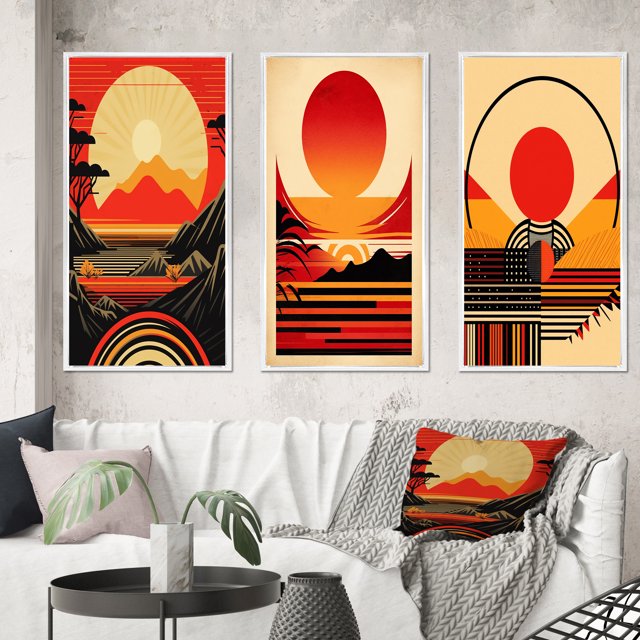 Designart "Bold Red Sunset III" Coastal Sunset Framed Wall Art Set Of 3 - Red Sunset Frame Gallery Set For Office Decor