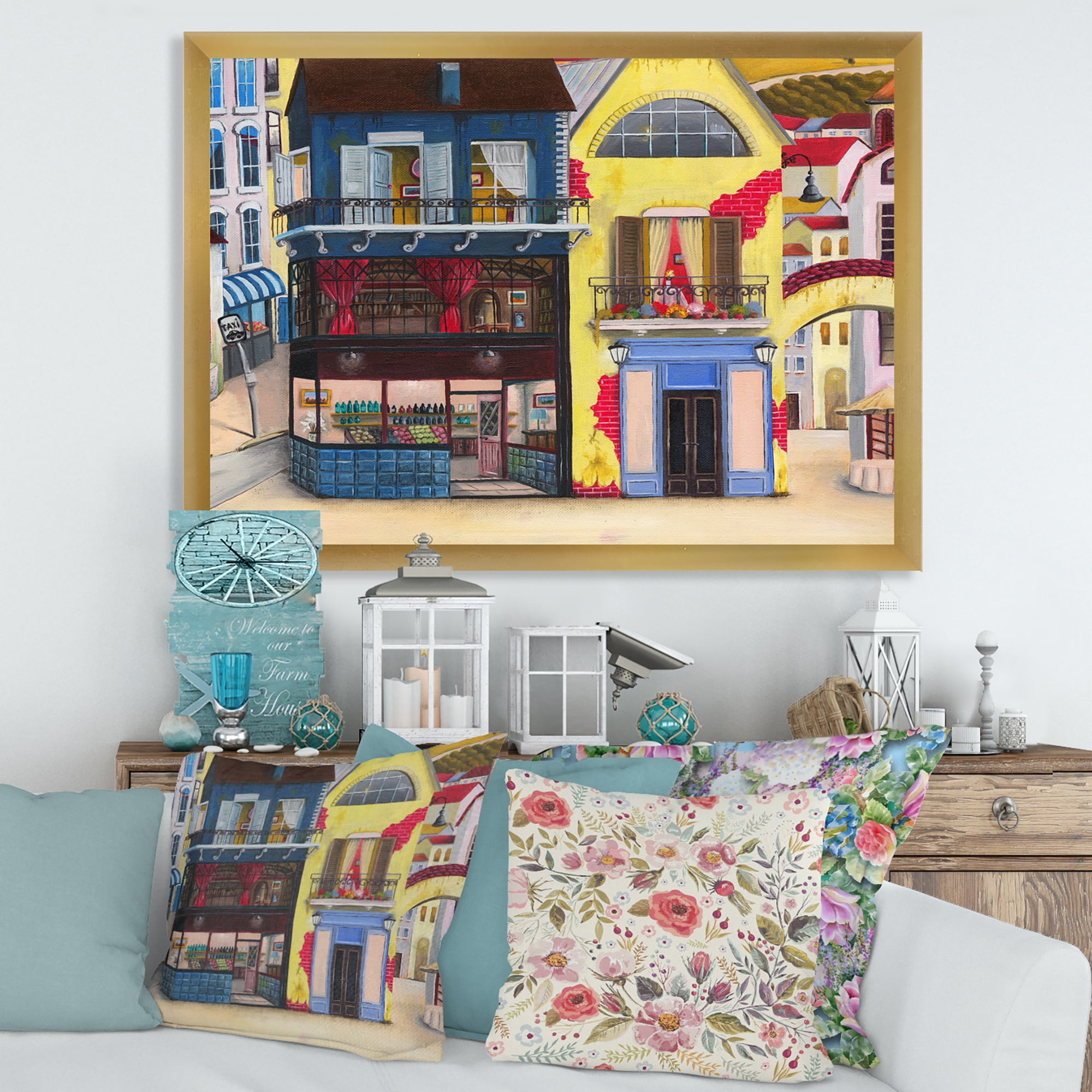 Designart 'The Colorful Facade of The Buildings In A Cozy Streets' French Country Framed Art Print