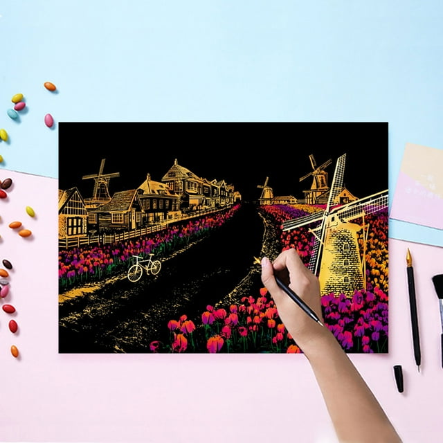 Kit d'Art DIY à Gratter Nightscape pour Adultes et Enfants Révélant des Designs Cachés Ensemble de Peinture d'Activité Éducative