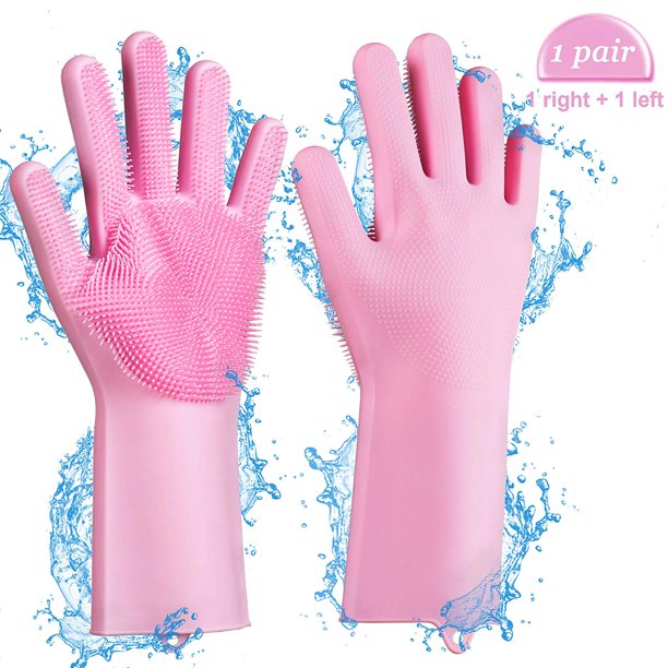 Magic Silicone Gloves, Reusable Dishwashing Gloves with Wash Scrubber