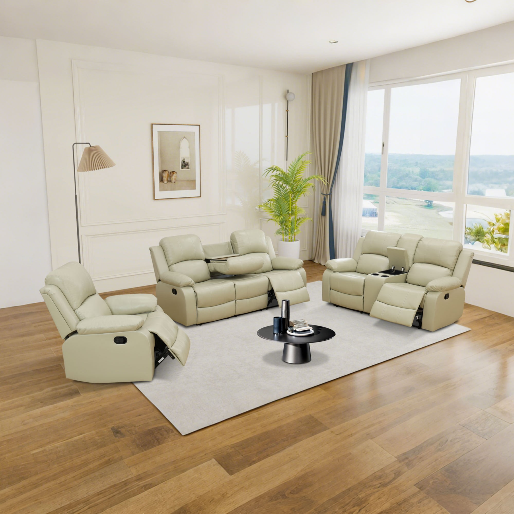 Gewnee Beige 3-Piece Living Room Air Leather Recliner Sofa Set with Console & Cup Holders