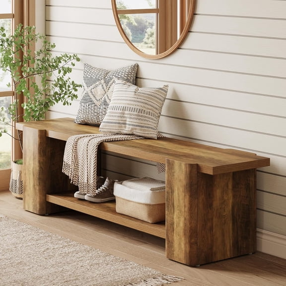 Finmind 63" Entryway Bench, 2-Tier Farmhouse Narrow Long End of Bed Storage Benches Shoe Bench Seat