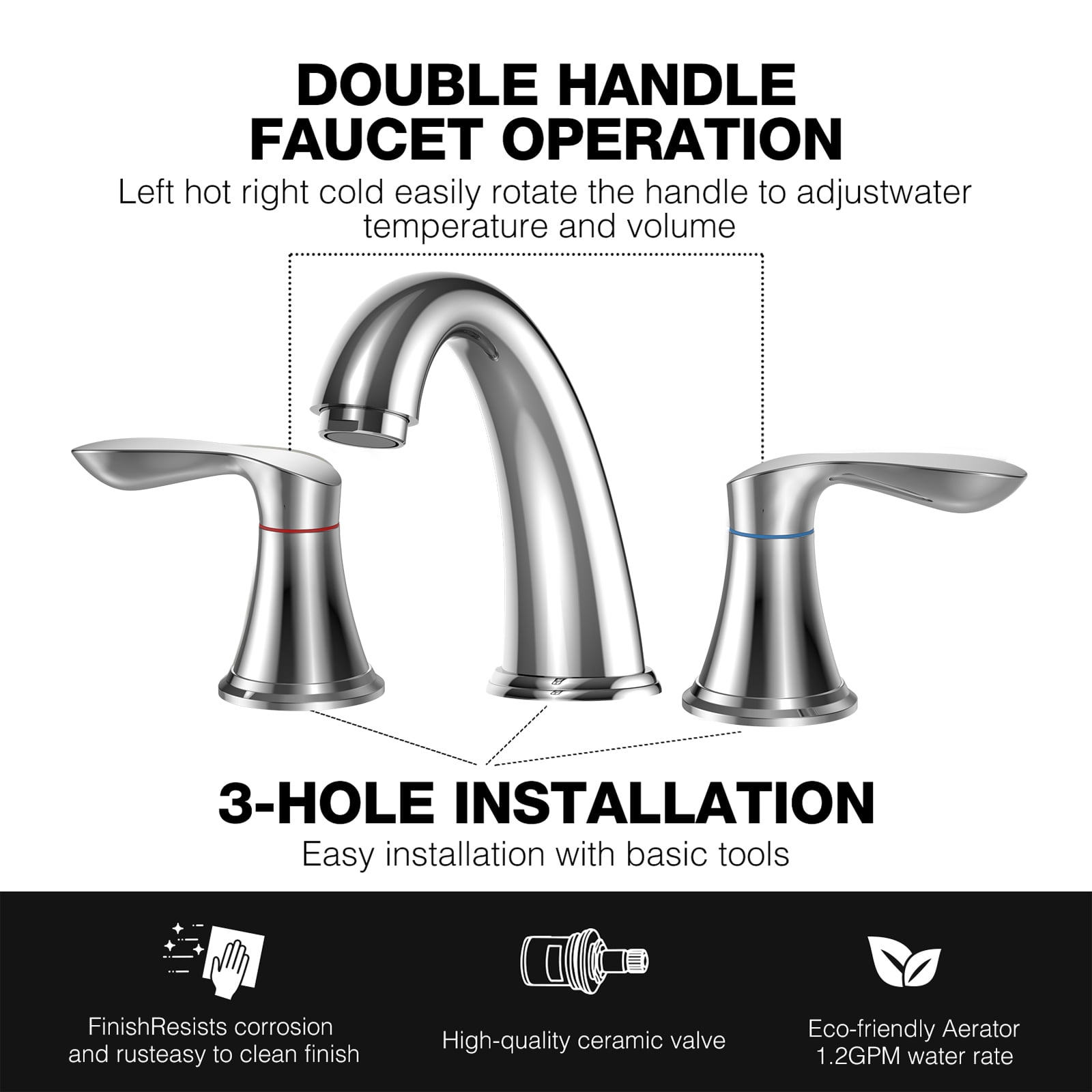 Bathroom Faucet 3 Hole, 8" Widespread Bathroom Faucets for Sink 3 Hole Brushed Nickel with Pop-Up Drain, CUPC Hose Water Supply Lines