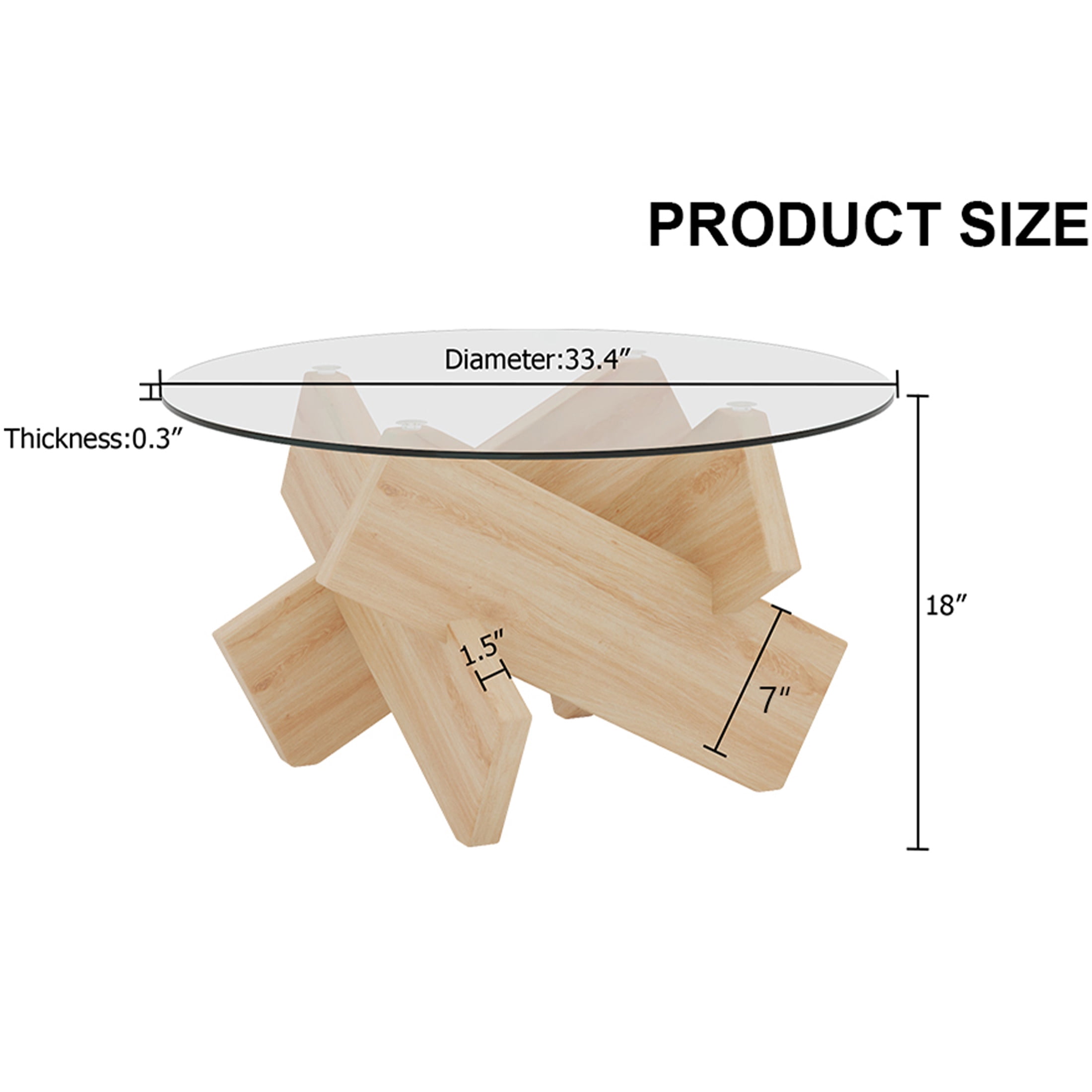 PORKISS Coffee Table, Glass Round Coffee Table for Living Room with Wood Legs, 33.4" Farmhouse Tea Table for Apartments, Reception Rooms, Center Table, Natural Wood