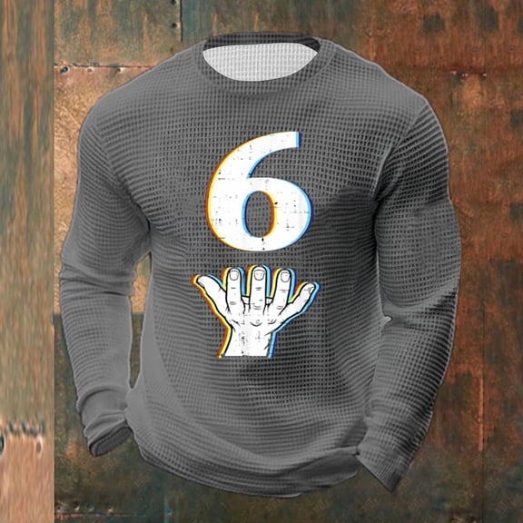 Donemore Men's Elastic Waffle Knit Long Sleeve Round Neck Top with Print for Fitness and Home Loungewear