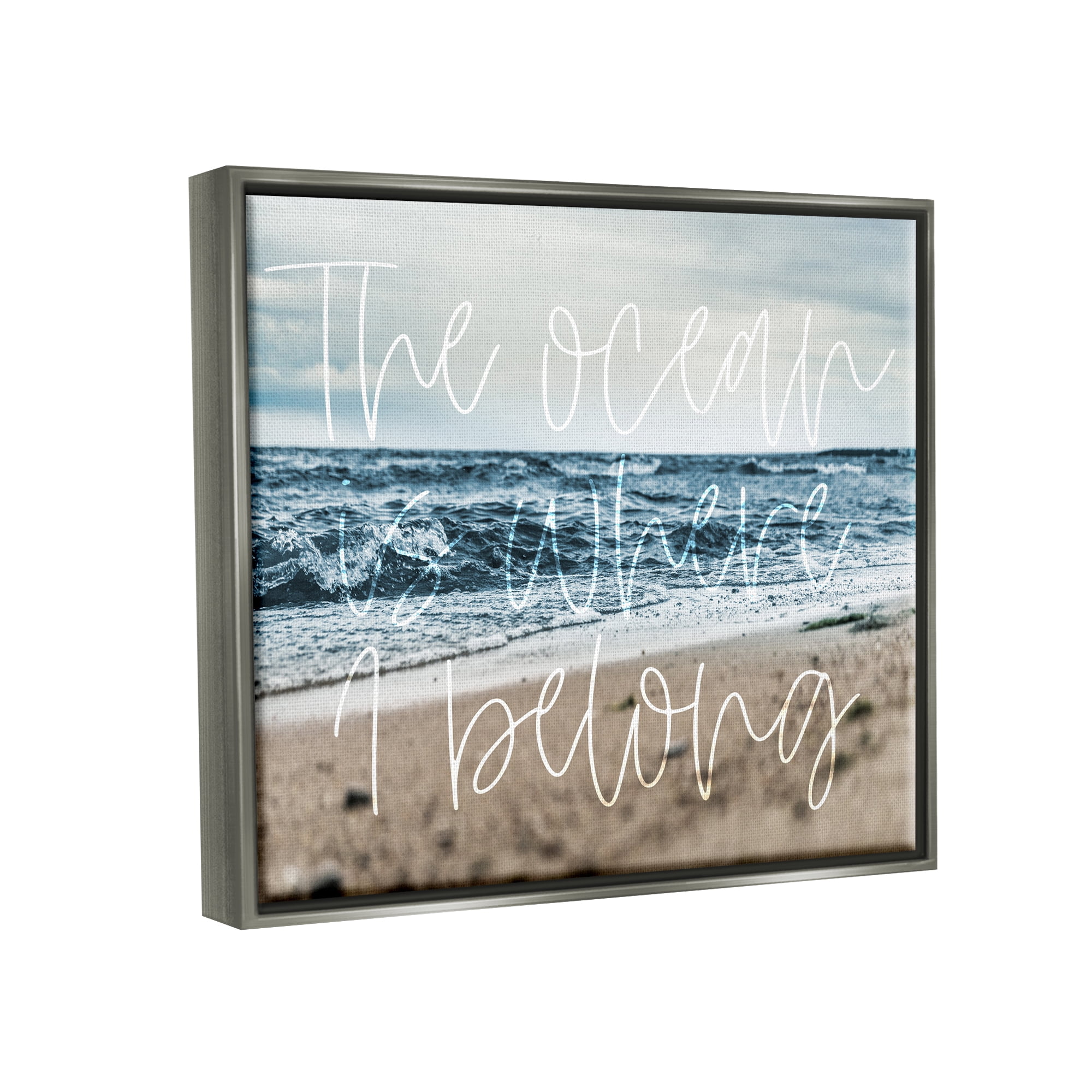 Stupell Ocean Is Where I Belong Beach Waves Landscape Painting Gray Floater Framed Art Print Wall Art
