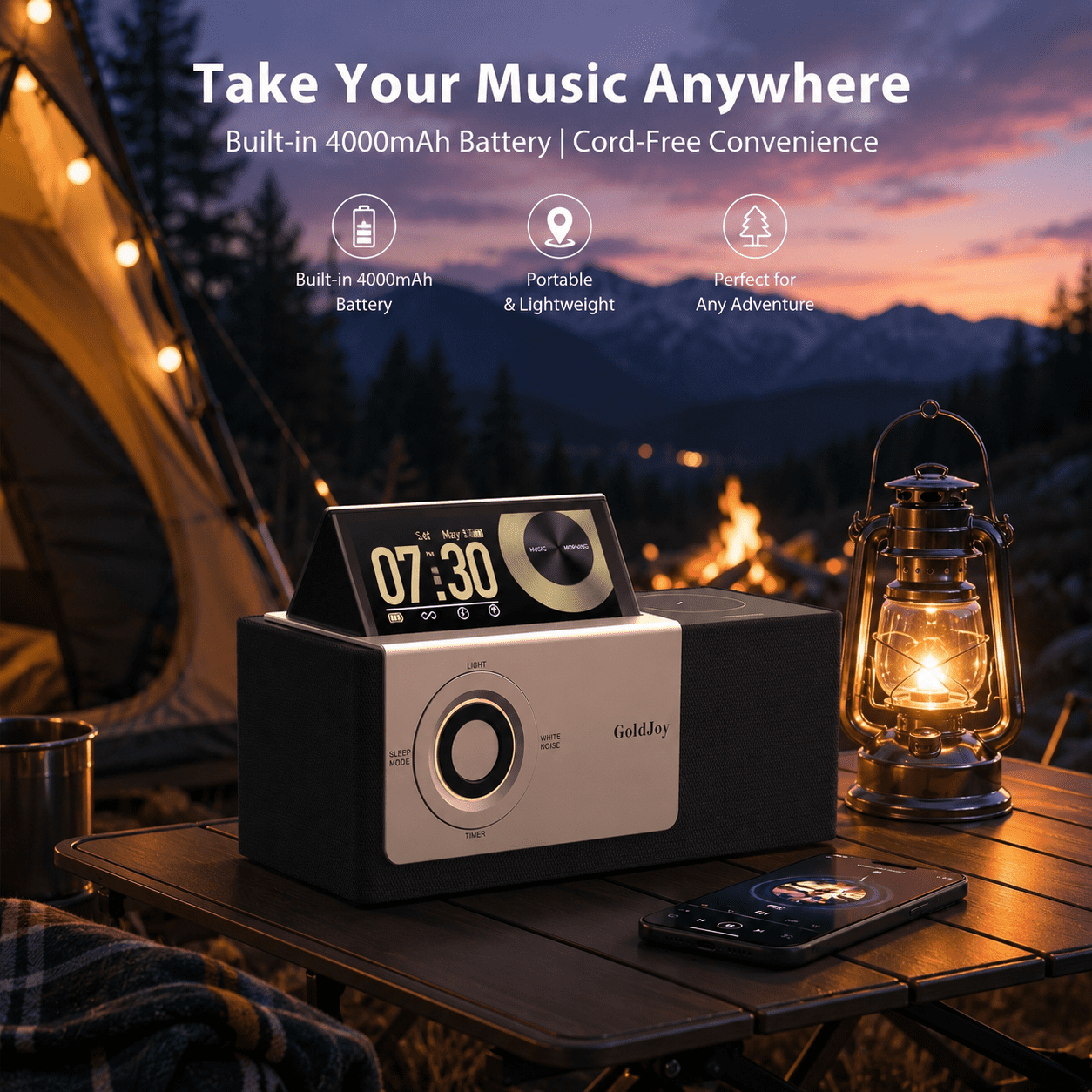 GoldJoy Flippable LCD Display Clocks, 7-in-1 Bluetooth Speaker, Wireless Charger, Sunset Lamp, White Noise, 4000mAh Battery