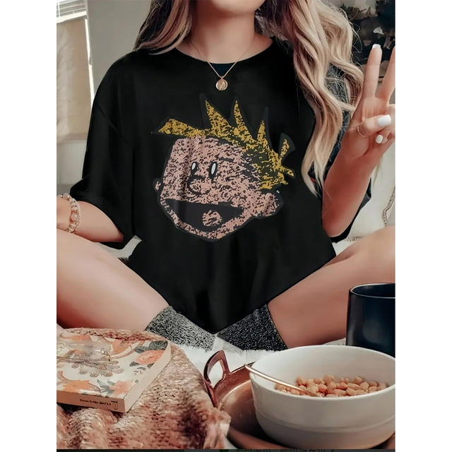 1 Pce T-Shirt Décontracté à Col Rond pour Femmes avec Imprimé Visage de Garçon Créatif, Haut en Polyester Tricoté à Manches Courtes à la Mode, Confortable pour Toutes les Saisons, Fête des Mères, Nouvel An, Festival de Printemps