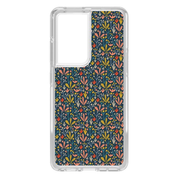 DistinctInk Clear Shockproof Hybrid Case for Galaxy S21 ULTRA 5G (6.8" Screen) - TPU Bumper, Acrylic Back, Tempered Glass Screen Protector - Modern Floral - Navy Yellow Teal