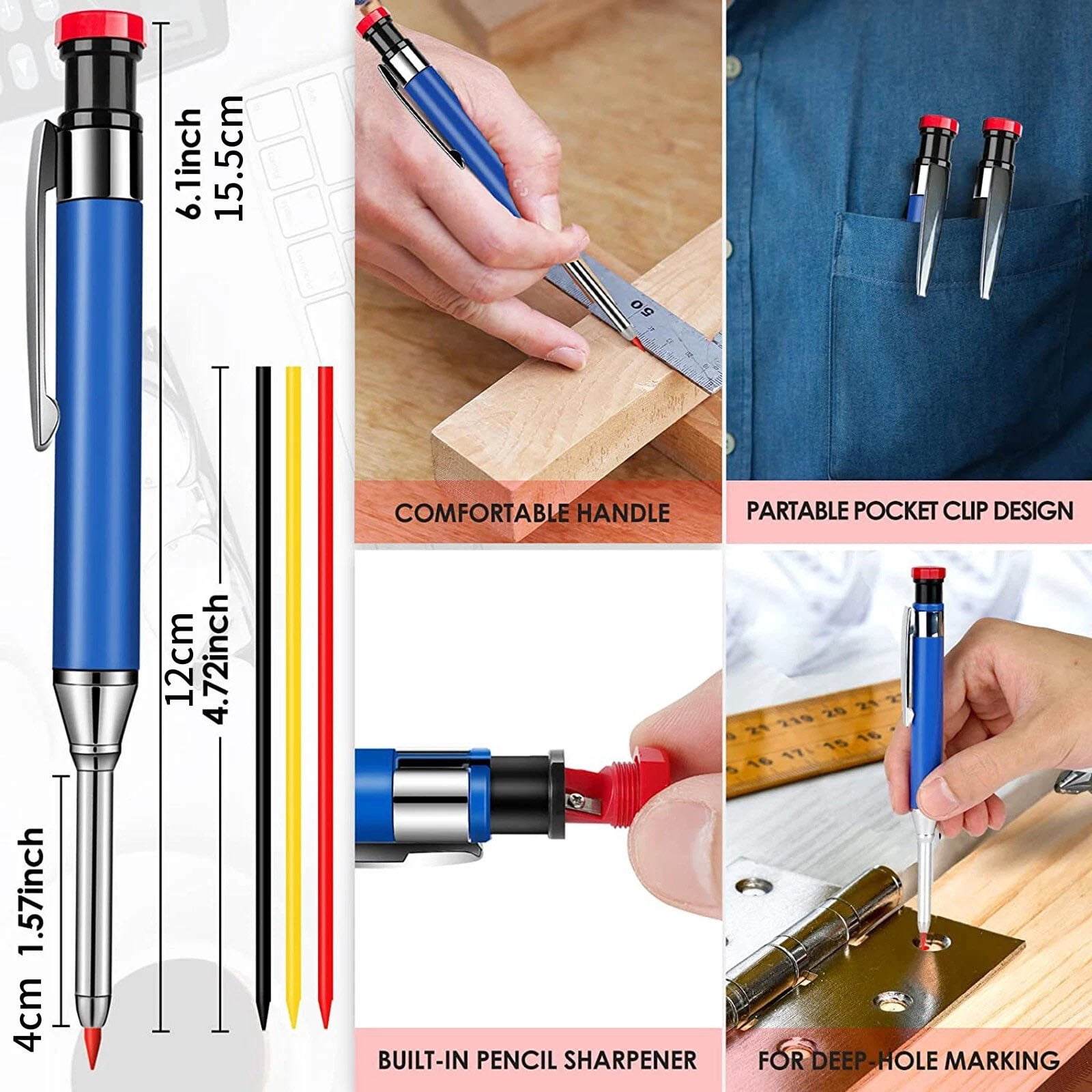 APPLAYERR Carpenter Pencil With Integrated Sharpener 40mm Extension Needle Nose For Multi Material Surface Marking Application