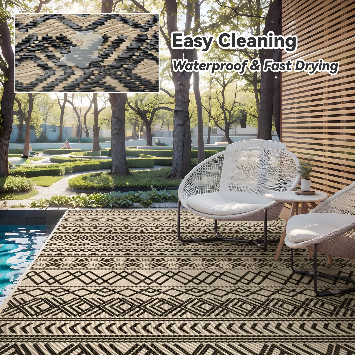SIXHOME Outdoor Rug 5'x8' Waterproof Reversible Patio Rug Boho Geometric Indoor Outdoor Rugs Lightweight Plastic Straw Ourdoor Carpet for RV Camping Deck Balcony Modern Porch Decor Black and Beige