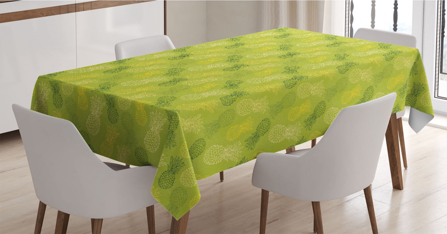 Green Leaf Tablecloth, Hand Drawn Style Exotic Pineapple Fruit Tropical
