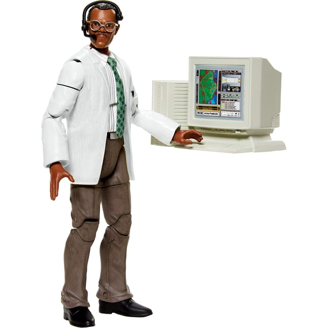 jurassic world colección ámbar john raymond arnold jurassic world jurassic world toys Figura de acción Mattel Amber Collection Ray Arnold de 6 pulgadas, vista 3/4 frontal con guardapolvo blanco, corbata verde, pantalones café y zapatos negros; auricular negro y brazo desmontable; accesorio de computadora retro beige con monitor que muestra un mapa y teclado. También apta como pieza coleccionable para exhibición en estantes temáticos.