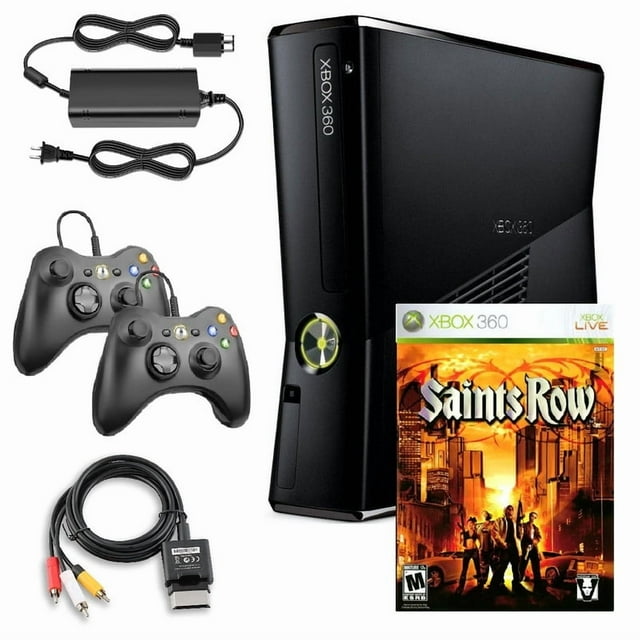 Console de jeu Xbox 360 S 4 Go noire restaurée avec Saints Row et 2 manettes noires Retrofam (Reconditionnée)