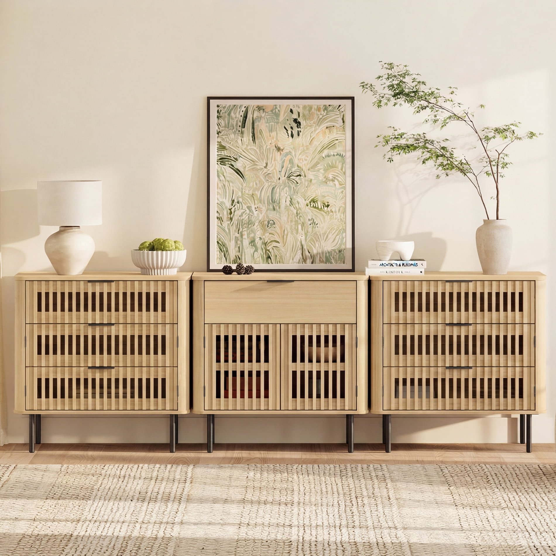 94.5" W Large TV Stand for 85 Inch TV, Wood Entertainment Center with Cabinets and Drawers, Mid-Century Modern Media Console for Living Room, Oak