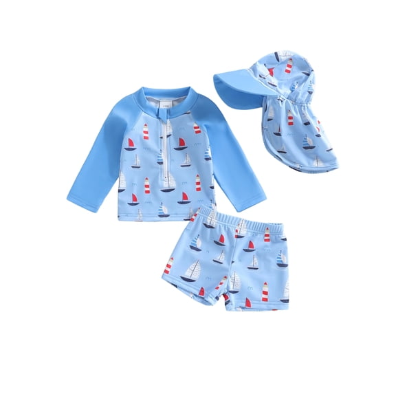 BemeyourBBs Toddlers Baby Boys 3 Piece Swimsuit Infant Bathing Suit Swim Shirt Trunk Shorts Set and Sun Hat Long Sleeve Shark Swimwear Sunsuit Newborn UPF 50 Rash Guard