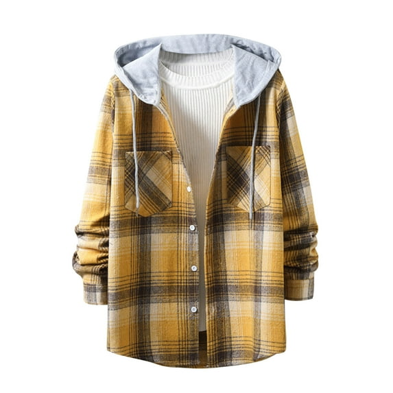 DxhmoneyHX Men's Plaid Flannel Hooded Shirts Long Sleeve Casual Button Down Regular Fit Shirt Jacket with Hood