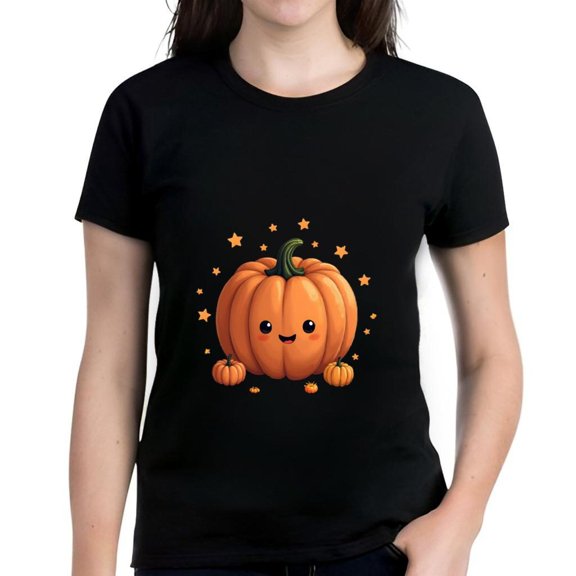 Cute Cartoon Pumpkin Design Cotton Short Sleeve T-Shirt for Fall - Smiling Pumpkin with Orange Stars - Perfect Halloween Tee