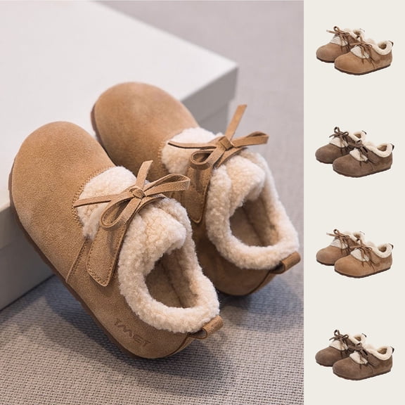 Lovely Bowknot Snow Boots for Little and Big Girls Fleece Lined Faux Fur Warm Footwear with Flock Leather Upper Slip-On Boots Indoor Outdoor Non-Slip Slippers Kids' Shoes