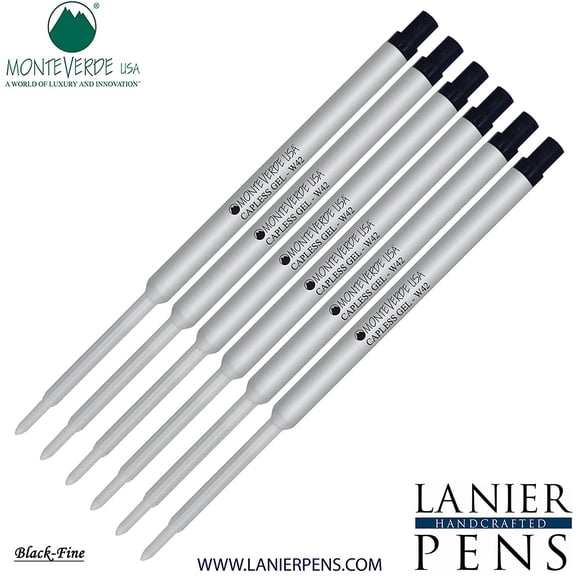 Lanier Combo Pack - 6 Pack - Monteverde Capless Ballpoint W42 Gel Ink Refill Compatible with most Waterman Style Ballpoint Pens - Black (Fine Tip 0.6mm)