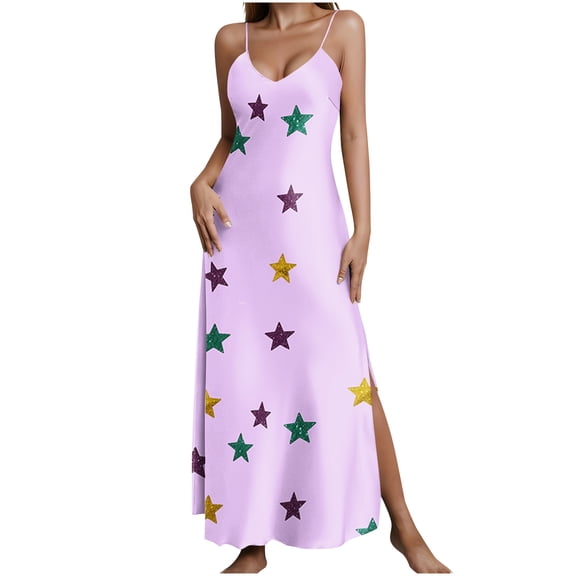 Women's Maxi Dress Sleeveless Carnival Holiday Outfits Printed V-Neck Spaghetti Strap Cami Long Dress with Slit (XL, Pink)